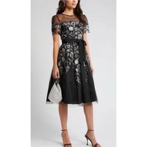 Eliza j floral embroidered illusion fit and flare dress with pockets